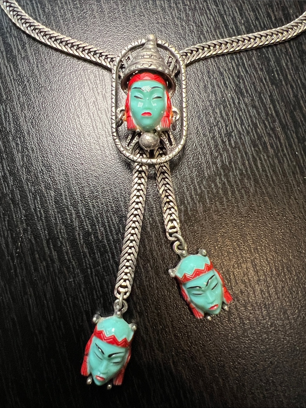 RARE Vintage 1950s Blue Selro Sellini Asian Princess Lariat Slide Bolo Necklace